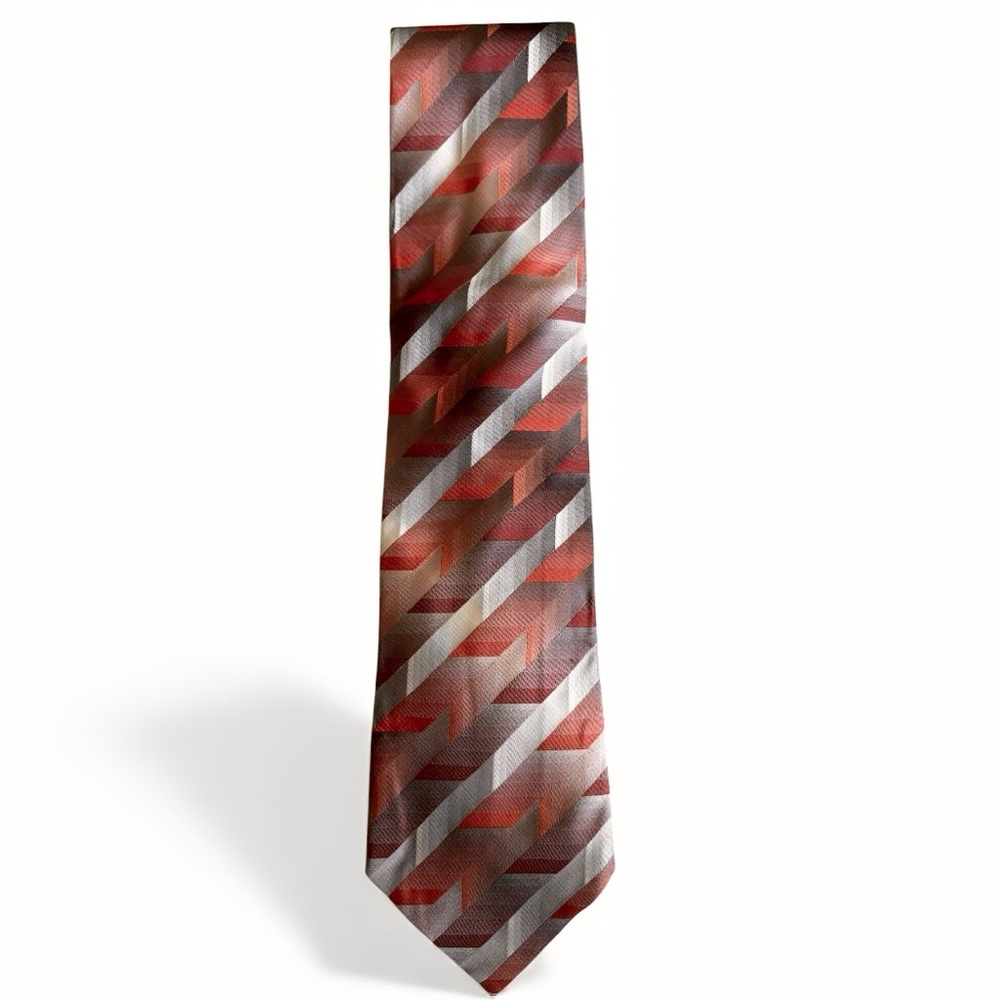 Lamberti Made in Italy Silk Necktie Orange Silver Gray Geometric Chevron Pattern